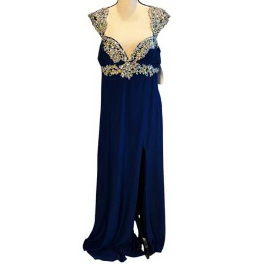 Temptation Navy Blue Silver Embroidered Rhinestone Illusion Dress Prom